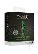 Ouch Glass Butt Plug Glow in the Dark Medium Green packaging with hexagonal design and glowing accents