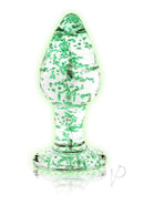 Ouch Glass Butt Plug Glow in the Dark Medium Green with fluorescent green details and transparent design.