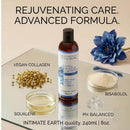 Moonbloom Natural Water Comfort Glide Extra Sensitive 8 Oz bottle with ingredients like vegan collagen and squalene.