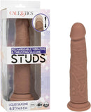 Rechargeable Vibrating & Thrusting Silicone Studs Caramel in packaging with dual motors for pleasure.