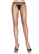 Leg Avenue Industrial Pantyhose One Size Black and Silver showcased on a model with black fishnet pattern.