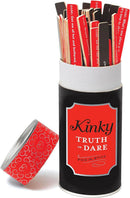 Kinky Truth or Dare Game featuring colorful sticks in a decorative can for couples to explore fun prompts.