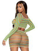 2 Pc Zig Zag Net Crop Top and Mini Dress One Size Green worn by model showcasing vibrant colors and stylish design.