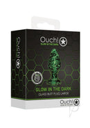 Ouch Glass Butt Plug Glow in the Dark Large Green packaging with bold design and glowing details.