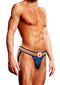 Prowler Pixel Art Gay Pride Collection Jock XL Blue on a muscular model showcasing vibrant design and rainbow waistband.