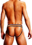 Prowler Pixel Art Gay Pride Collection Jock XL Blue on a model from the back, showcasing rainbow strap and snug fit.