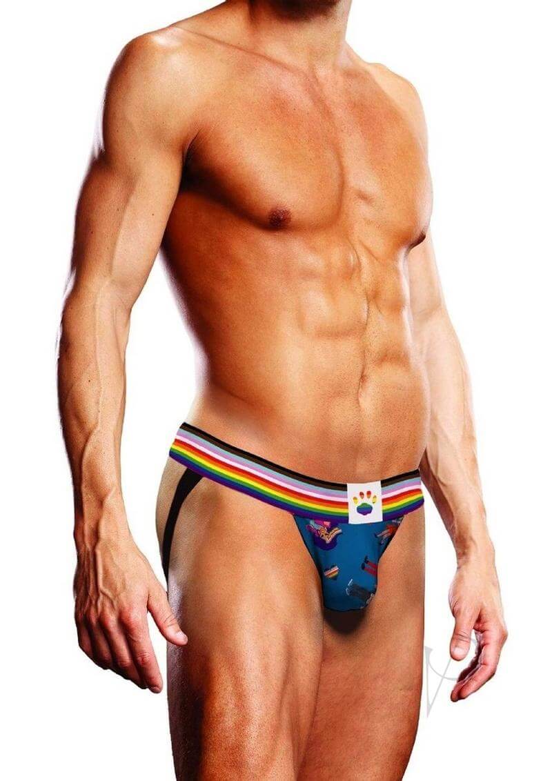 Prowler Pixel Art Gay Pride Collection Jock Extra Small Blue on a model showing vibrant design and snug fit.