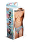 Prowler Swimming Brief Medium Blue packaging featuring a muscular model showcasing its stylish design.