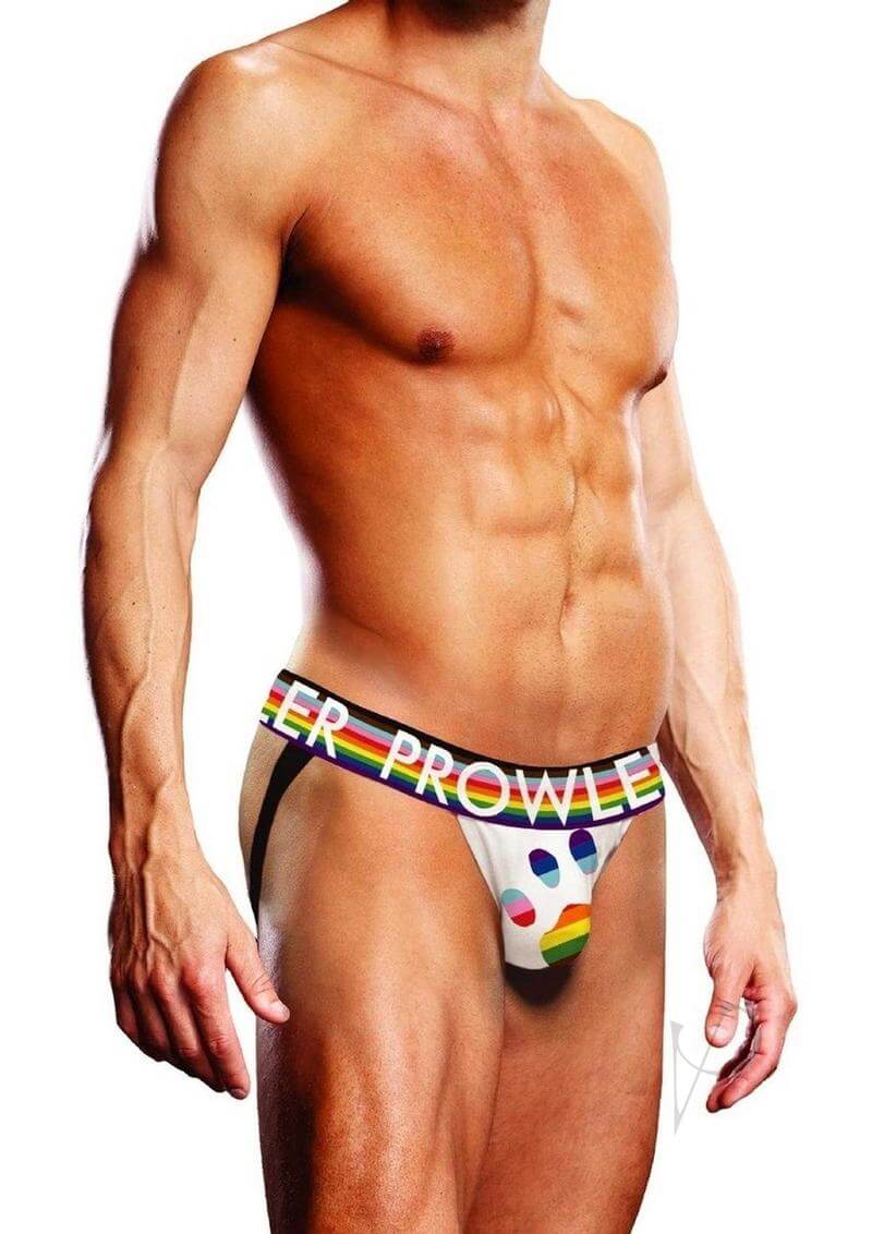 Prowler White Oversized Paw Jock XXL Rainbow displayed on a model showing off its bold design and comfortable fit.