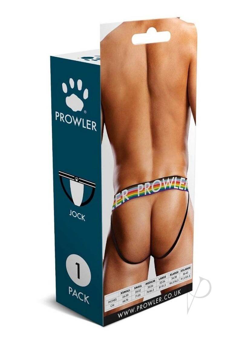 Prowler White Oversized Paw Jock XXL Rainbow packaging showing jockstrap design and colorful waistband.