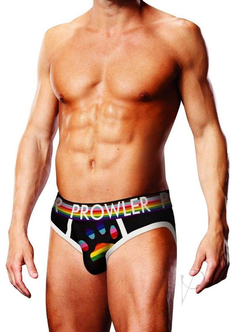 Prowler Black Oversized Paw Brief Black Rainbow Large on a model showcasing vibrant rainbow design and sleek black fabric.
