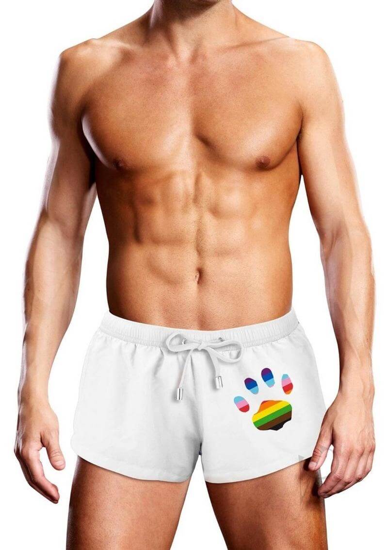 Prowler Oversized Paw Swimming Trunk White XL displayed on a model showcasing its stylish paw print design.