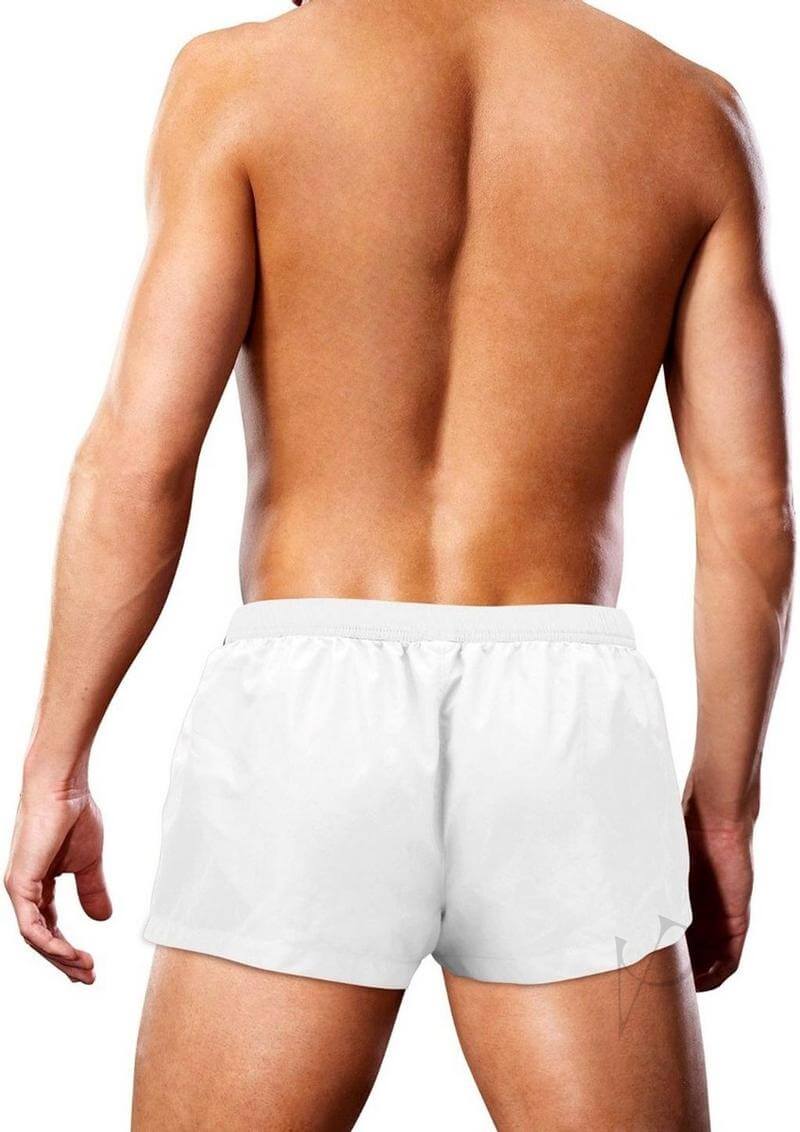 Back view of a man wearing Prowler Oversized Paw Swimming Trunk White XL for summer swimming and beach activities.