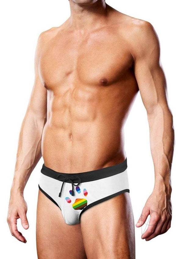Prowler Oversized Paw Swimming Brief Large White Rainbow on model showcasing vibrant rainbow paw print design.
