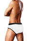 Prowler Oversized Paw Swimming Brief Large White Rainbow on a model showcasing the back view.