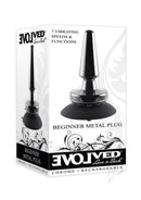 Evolved Beginner Metal Vibrating Anal Plug Black packaging with tapered design and suction cup base.