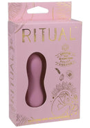 Ritual Dream rechargeable silicone bullet vibrator in pink packaging with gold accents and description of functions.