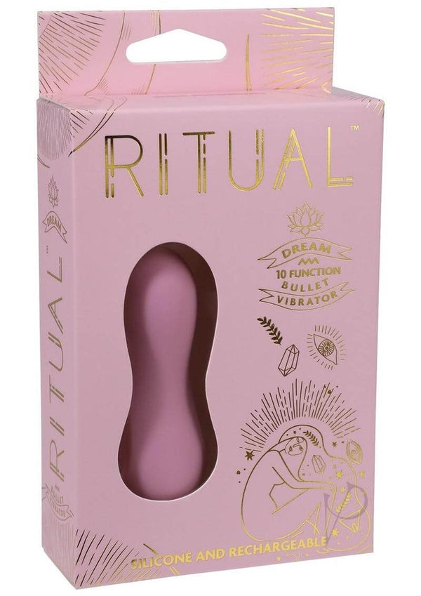 Ritual Dream rechargeable silicone bullet vibrator in pink packaging with gold accents and description of functions.