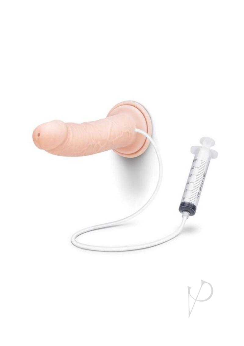 Prowler RED Ultra Cock Realistic Squirting Dildo 8 inches displayed with a syringe attachment for enhanced pleasure.
