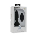 A-play Vibe Adventurous Silicone Anal Plug With Remote Black in packaging by Doc Johnson displaying silicone design and remote.