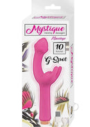 Mystique Rechargeable Silicone G-Spot Vibrator Pink in packaging showcasing design and features.