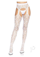Leg Avenue Heart Net Suspender Hose One Size White showcasing a playful heart net pattern in a flirty suspender style.