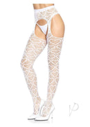 Leg Avenue Heart Net Suspender Hose One Size White worn with high heels, featuring a delicate heart net design.
