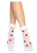 Leg Avenue Strawberry Polka Dot Ruffle Top Anklets OS featured on model, showcasing woven strawberry design and lace ruffle cuff.
