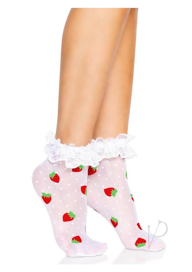 Leg Avenue Strawberry Polka Dot Ruffle Top Anklets OS featuring a woven strawberry design and lace ruffle cuff.