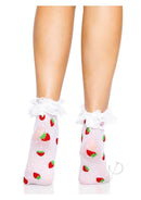 Leg Avenue Strawberry Polka Dot Ruffle Top Anklets OS on legs with lace ruffle cuff and woven strawberry design.