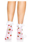 Leg Avenue Strawberry Polka Dot Ruffle Top Anklets OS on legs with lace ruffle cuff and woven strawberry design.