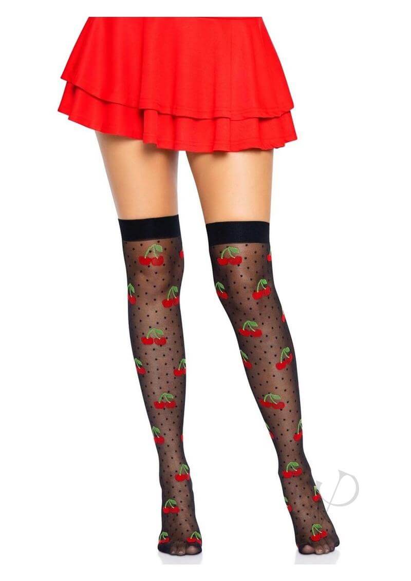 Leg Avenue Spandex Sheer Polka Dot Cherry Thigh Highs Black worn with a red skirt showcasing cherry and polka dot design.