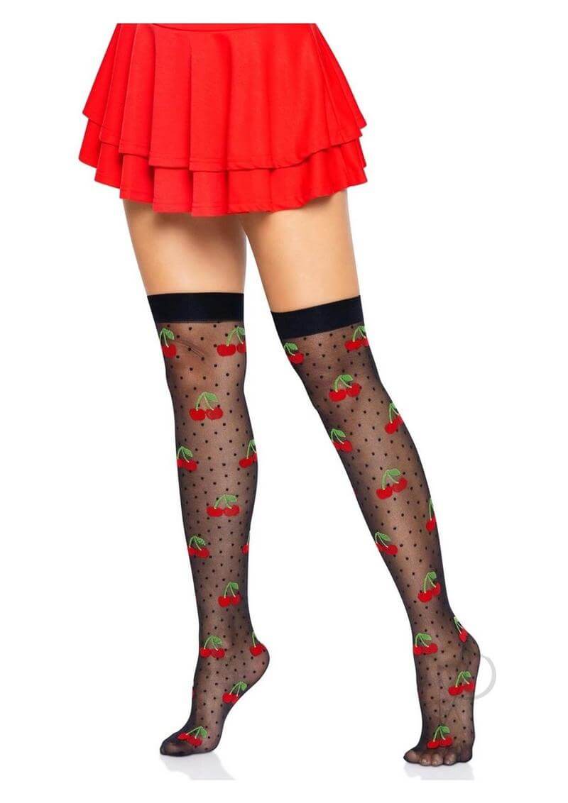 Leg Avenue Spandex Sheer Polka Dot Cherry Thigh Highs Black worn with a red skirt, featuring polka dot and cherry patterns.