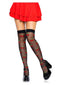 Leg Avenue Spandex Sheer Polka Dot Cherry Thigh Highs Black worn with a red skirt, featuring cherry designs.