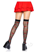 Leg Avenue Spandex Sheer Polka Dot Cherry Thigh Highs Black worn with a red skirt and high heels, showcasing cherry patterns.