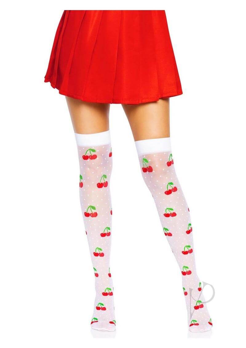 Leg Avenue Spandex Sheer Polka Dot Cherry Thigh Highs OS worn with a red skirt, featuring cherry and polka dot design.