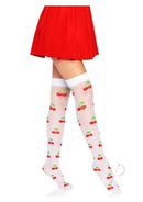 Leg Avenue Spandex Sheer Polka Dot Cherry Thigh Highs OS with red cherry designs and white polka dots.