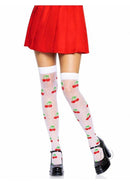 Leg Avenue Spandex Sheer Polka Dot Cherry Thigh Highs OS worn with a red skirt, featuring cherry designs and polka dots.
