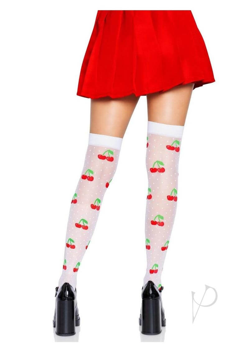 Leg Avenue Spandex Sheer Polka Dot Cherry Thigh Highs OS with cherry print worn with a red skirt.
