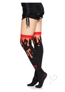Leg Avenue Splatter Thigh Highs OS Red worn with ripped shorts, showcasing bold splatter design and striking colors.