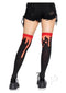 Leg Avenue Splatter Thigh Highs OS Red worn with shorts, showcasing unique splatter design and bold fashion statement.
