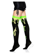 Leg Avenue Splatter Thigh Highs OS Green showcasing a unique splatter design, perfect for edgy fashion and parties.