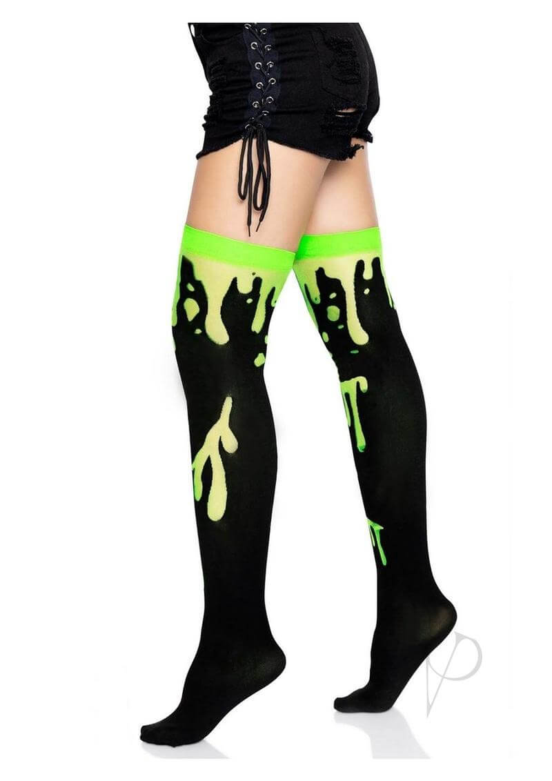 Leg Avenue Splatter Thigh Highs OS Green showcasing a unique splatter design, perfect for edgy fashion and parties.