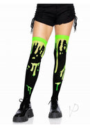 Leg Avenue Splatter Thigh Highs OS Green showcasing vibrant splatter design, perfect for edgy outfits and festivals.