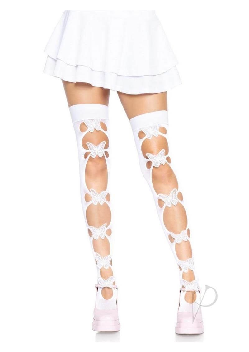 Leg Avenue Opaque Net Cut Out Butterfly Thigh Highs OS White featured on model with a white skirt and pink shoes.