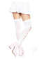 Leg Avenue Opaque Net Cut Out Butterfly Thigh Highs OS White worn with pink heels and a white skirt.