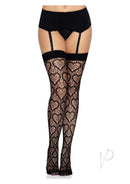 Leg Avenue Heart Net Thigh Highs One Size Black displayed on model with garters, showcasing heart pattern.