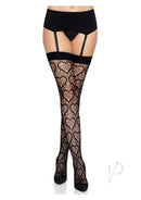 Leg Avenue Heart Net Thigh Highs One Size Black worn with a garter belt, showcasing the playful heart pattern.