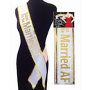 Little Genie Soon To Be Married AF Party Sash White worn on a mannequin showcasing its sparkling design.