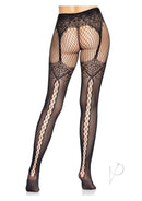 Leg Avenue Faux Garter Belt Fishnet Tights Black featuring lace-up backseam and woven garter design for a captivating look.